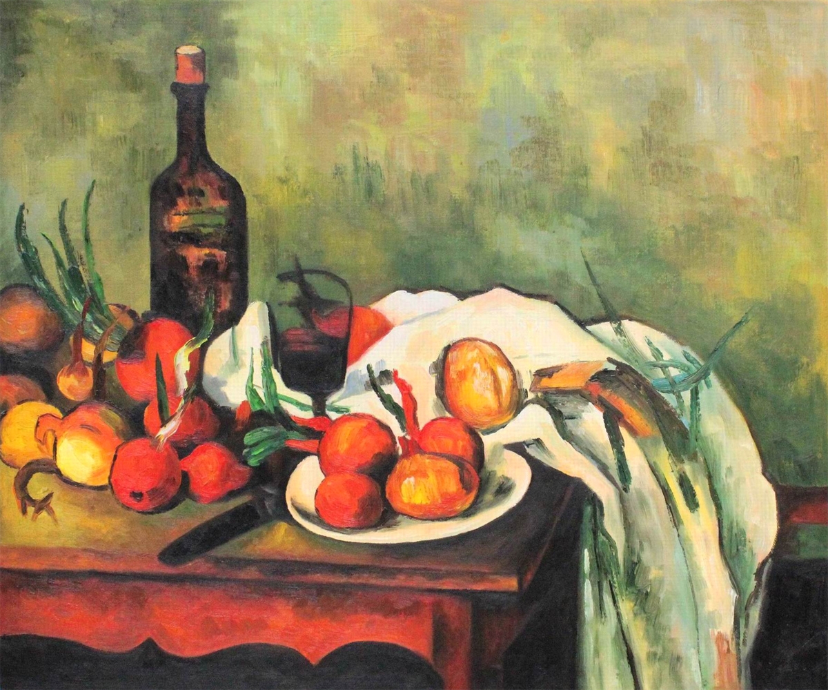 Still Life with Onions and Bottle - Paul Cezanne Painting